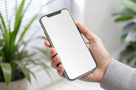Hand holding blank display phone for mockup for mockup isolated on white background