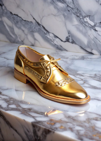 Marble surface gold detailed 3d shoe isolated on Marble backgroundの写真素材