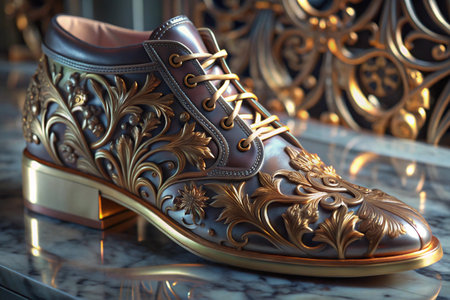Marble surface gold detailed 3d shoe isolated on Marble backgroundの写真素材