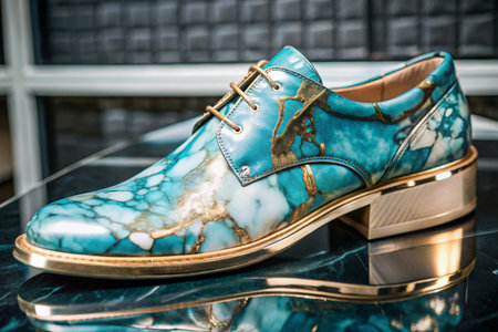 Marble surface gold detailed 3d shoe isolated on Marble backgroundの写真素材