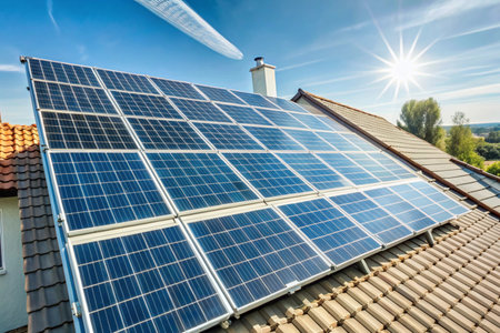 Solar panels on the roof backgroundの写真素材