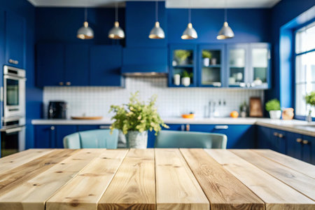 Wooden table looking out to a defocused room interiorの写真素材