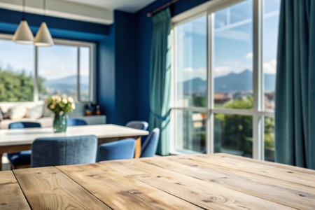 Wooden table looking out to a defocused room interior