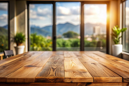 Wooden table looking out to a defocused room interior