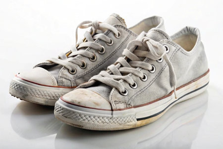 Pair of worn textile sneakers isolated on white backgroundの写真素材