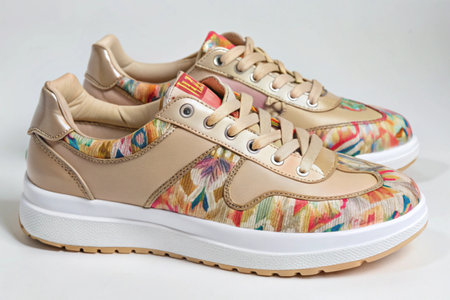 Stylish elegant trendy designer fashionable women's sneakers isolated on white backgroundの写真素材