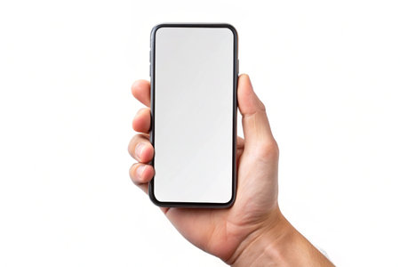 Hand holding blank display phone for mockup for mockup isolated on white backgroundの写真素材