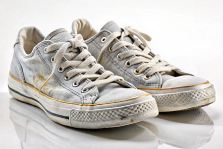 Pair of worn textile sneakers isolated on white backgroundの写真素材
