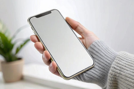 Hand holding blank display phone for mockup for mockup isolated on white backgroundの写真素材