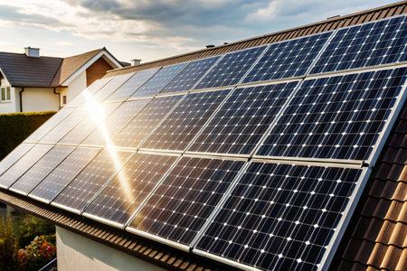 Solar panels on the roof backgroundの写真素材