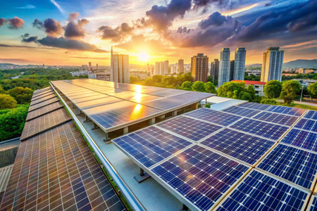 Solar panels on the roof backgroundの写真素材