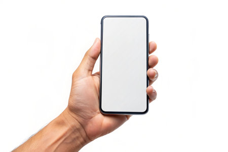 Hand holding blank display phone for mockup for mockup isolated on white backgroundの写真素材