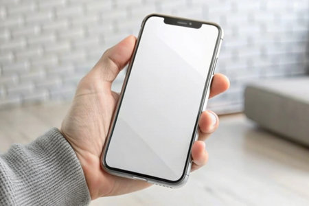 Hand holding blank display phone for mockup for mockup isolated on white background