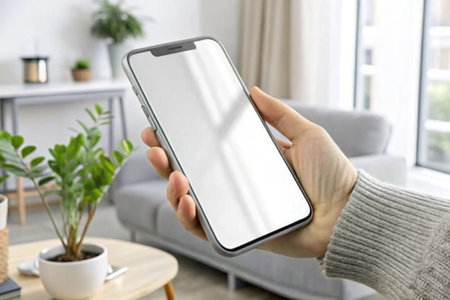 Hand holding blank display phone for mockup for mockup isolated on white background