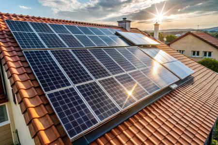 Solar panels on the roof backgroundの写真素材