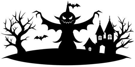 Halloween illustration with castle and bats. Vector illustration ready for vinyl cutting.のイラスト素材