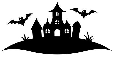 Halloween background with haunted house and bats. Black and white vector illustration.のイラスト素材