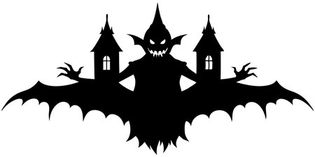 Black silhouette of a demon with a castle on a white background.のイラスト素材
