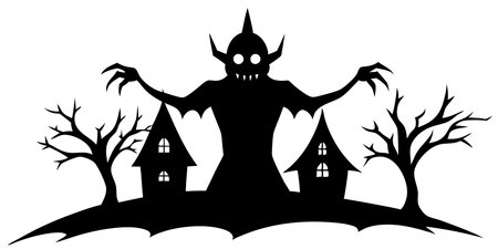 Halloween background with ghost, haunted house and trees. Vector illustration.のイラスト素材