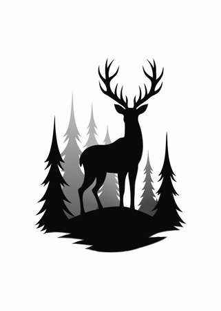 Black deer with forest background silhouette on white backgroundのイラスト素材