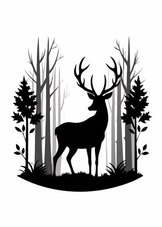 Black deer with forest background silhouette on white backgroundのイラスト素材