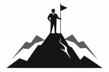 Black A man with a flag top of the mountain silhouette on white backgroundのイラスト素材