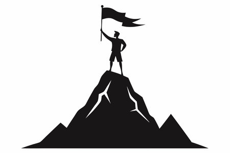 Black A man with a flag top of the mountain silhouette on white backgroundのイラスト素材