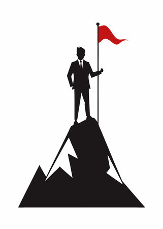 Black A man with a flag top of the mountain silhouette on white backgroundのイラスト素材