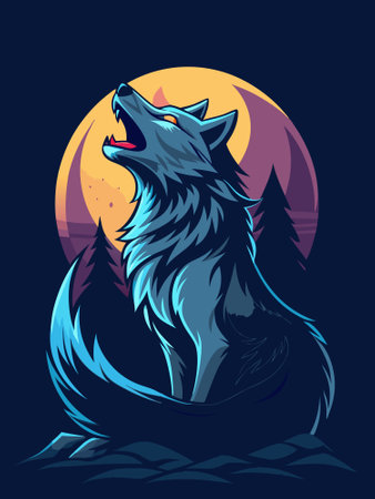 Wolf roaring on the moon dark illustration for t-shirt graphicsのイラスト素材