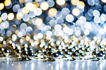 Christmas background with bokeh defocused lights and silver balls.の写真素材