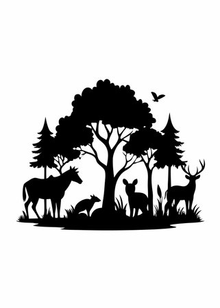 Wildlife forest silhouette vector on white backgroundのイラスト素材