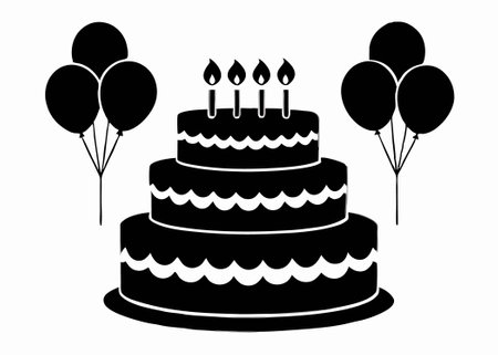 Birthday cake with balloons on white background
