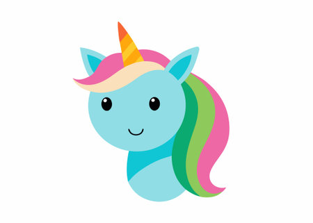 Cute cartoon unicorn head with rainbow mane vector on white backgroundのイラスト素材