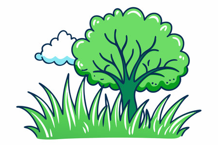 Green grass with tree illustration on white backgroundのイラスト素材