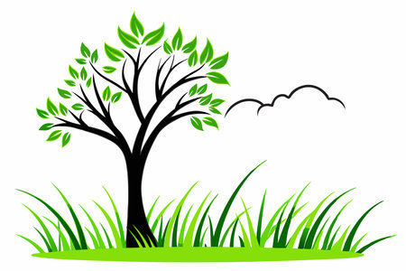 Green grass with tree illustration on white backgroundのイラスト素材