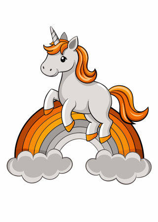 Cute unicorn on rainbow vector illustration on white backgroundのイラスト素材