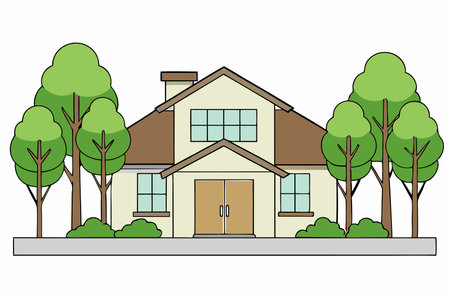 Front of a house with many tree vector illustration on white backgroundのイラスト素材