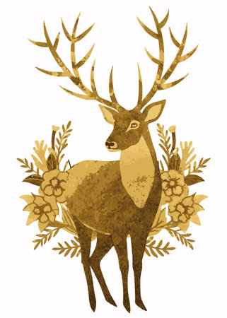 Minimalist floral deer in gold foil color vectorのイラスト素材