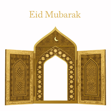 Eid mubarak greeting with mosque doorのイラスト素材