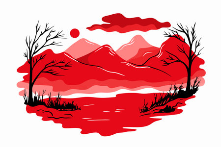 Watercolor landscape mountain vector on white backgroundのイラスト素材