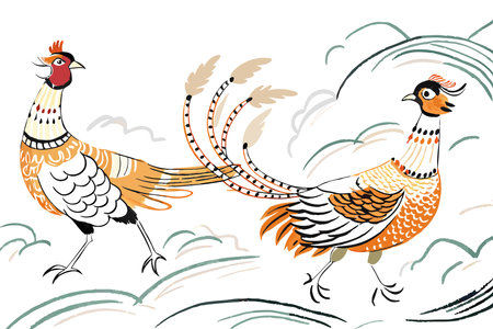 Chinese painting featuring two pheasant birdsのイラスト素材