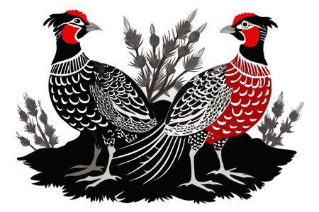 Chinese painting featuring two pheasant birdsのイラスト素材