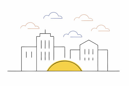 A minimalist line-art city skyline with a glowing neon sunsetのイラスト素材