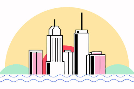 A minimalist line-art city skyline with a glowing neon sunsetのイラスト素材