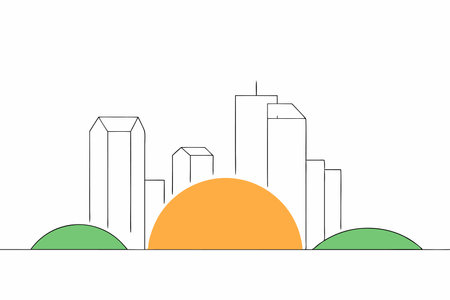 A minimalist line-art city skyline with a glowing neon sunsetのイラスト素材