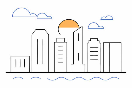 A minimalist line-art city skyline with a glowing neon sunsetのイラスト素材