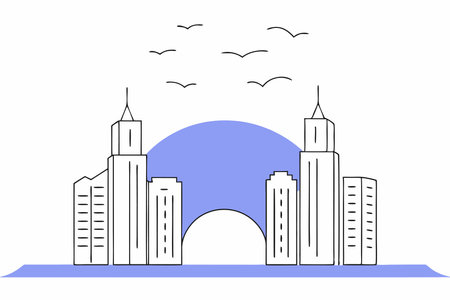 A minimalist line-art city skyline with a glowing neon sunsetのイラスト素材