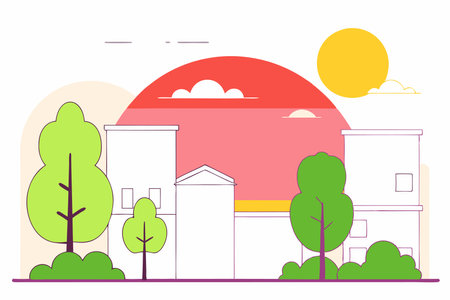 A minimalist line-art city skyline with a glowing neon sunsetのイラスト素材