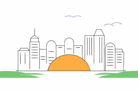 A minimalist line-art city skyline with a glowing neon sunsetのイラスト素材