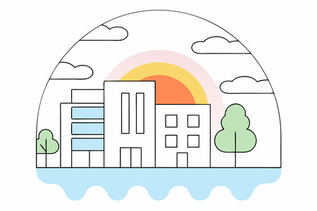 A minimalist line-art city skyline with a glowing neon sunsetのイラスト素材